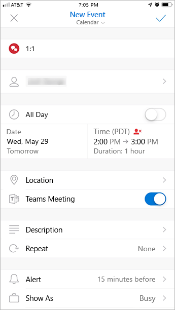 Screenshot of Teams Meeting add-in in Outlook mobile